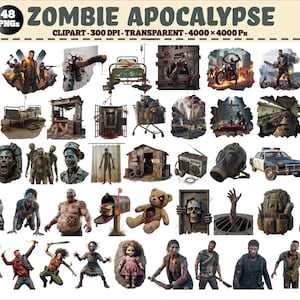 Puede incluir: Una colección de 48 imágenes prediseñadas con temática de zombis. Las ilustraciones representan varias escenas y personajes de un apocalipsis zombi, incluyendo zombis, armas y escenarios postapocalípticos. El texto "ZOMBIE APOCALYPSE" está en la parte superior.