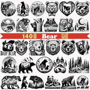 May include: A collection of black and white bear illustrations featuring various designs including bears in forests, mountains, wearing glasses, and paw prints. The central red banner displays the text 140 SVG PNG PDF Bear 300 DPI CLIPART VECTOR.
