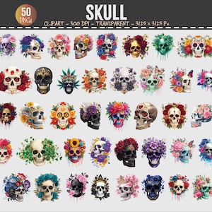May include: A set of 50 skull clip art images, each adorned with vibrant flowers, butterflies, and floral designs. The skulls are presented in diverse colours, such as white, black, and gold.