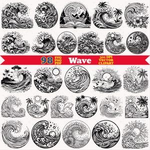 May include: A collection of 98 black and white vector clipart illustrations featuring various wave designs, including ocean scenes with palm trees, suns, dolphins, and an open book. The central red banner displays the text 98 SVG PNG PDF Wave 300 DPI.