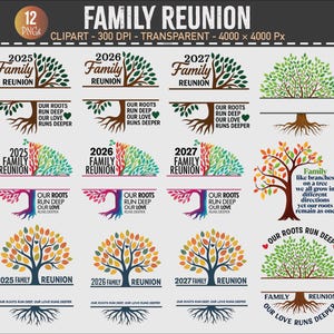 Può includere: Una collezione di grafiche per riunioni di famiglia con disegni di alberi e testo. I disegni includono gli anni 2025, 2026 e 2027, con frasi come "Le nostre radici sono profonde, il nostro amore è più profondo."