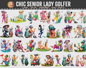 Clipart-paket med senior damgolfare | Rolig retrostil (25 PNG-bilder)
