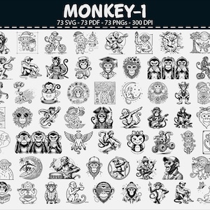 Peut inclure: Ensemble de 73 graphiques de singes en noir et blanc, formats SVG, PDF et PNG. Les illustrations montrent des singes dans diverses poses et activités, comme jouer de la musique, faire du vélo et porter des chapeaux.
