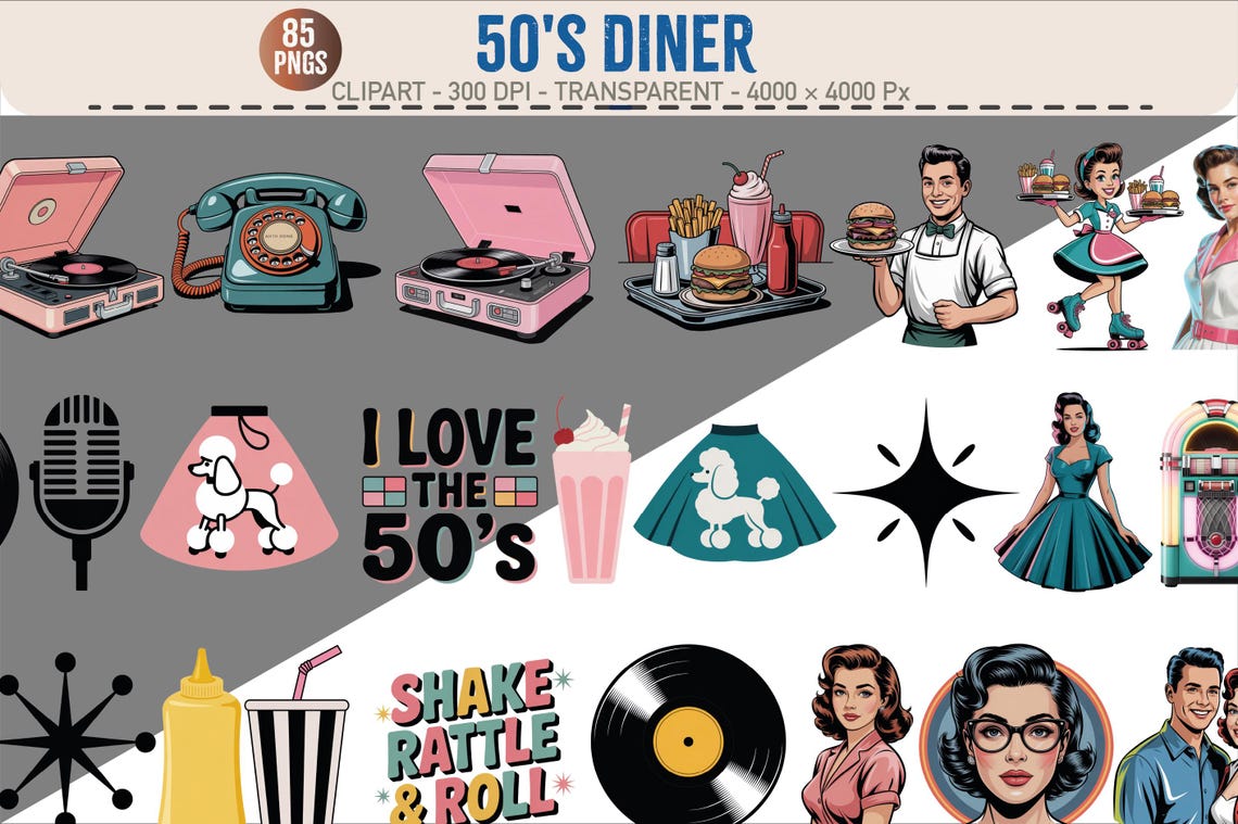 50s Diner Clipart Bundle: Retro Rockabilly PNG Set (digital Download ...