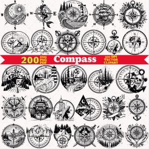 May include: A collection of 200 black and white vector compass illustrations featuring diverse themes including lighthouses, skulls, mountains, forests, ships, and floral accents. The central red banner displays the text 200 Compass 300 DPI SVG PNG PDF VECTOR CLIPART.