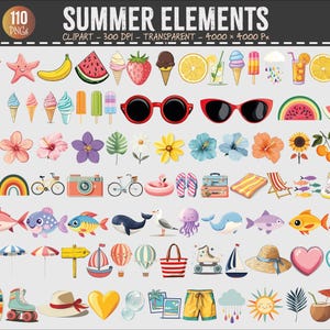 Puede incluir: Una colección de elementos de imágenes prediseñadas con temática de verano. Incluye gafas de sol, helados, frutas, flores, accesorios de playa y criaturas marinas. La imagen tiene el texto "SUMMER ELEMENTS" y "CLIPART - 300 DPI - TRANSPARENT - 4000 x 4000 Px".