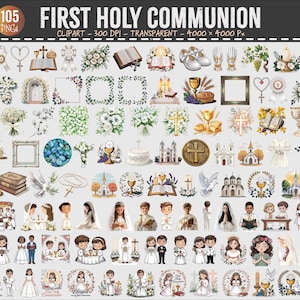 以下が含まれることがあります： 初聖体拝領用の105個のPNGクリップアート画像のコレクション。十字架、聖杯、鳩、教会、聖体拝領の衣装を着た子供など、宗教的なシンボルが含まれています。画像は透明で、さまざまなデザインプロジェクトに適しています。