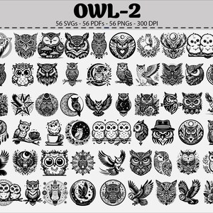 Op de afbeelding: Een verzameling van 56 zwart-witte uilontwerpen in verschillende stijlen. De ontwerpen omvatten uilen in verschillende poses, in cirkels en met hoeden. De tekst "OWL-2" staat bovenaan.
