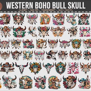 以下が含まれることがあります： 55点のウエスタンボーホーブルスカルクリップアート画像のコレクション。各スカルは花、羽、カウボーイハットで装飾されています。画像は透明で、3125 x 3125ピクセルです。