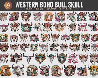 Western Boho Bull Skull Clipart Bundle Cowgirl Desert Flowers PNG Set 300 DPI