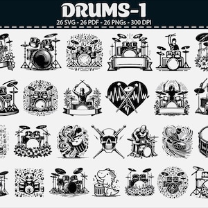 Könnte beinhalten: Eine Sammlung von Schwarz-Weiß-Illustrationen von Schlagzeugsets in verschiedenen Designs. Das Bild enthält den Text "DRUMS-1" oben sowie Informationen zu Dateitypen. Die Schlagzeugsets werden in verschiedenen Stilen dargestellt, einige mit floralen Akzenten und andere mit Totenkopfmotiven.