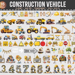 Könnte beinhalten: Eine Sammlung von 115 Clip-Art-Bildern zum Thema Bau. Die Illustrationen umfassen verschiedene Baufahrzeuge, Verkehrsschilder und Bauarbeiterfiguren. Die Farbpalette ist hauptsächlich Gelb, Schwarz und Orange, mit einigen blauen und roten Akzenten. Der Text "CONSTRUCTION VEHICLE" steht oben.