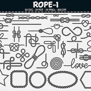 Puede incluir: Ilustraciones de cuerda negra de varios nudos, formas y elementos decorativos. Incluye la palabra "love" en fuente cursiva, junto con formas de estrella, cuadrado, círculo, óvalo y hexágono. La imagen también incluye el texto "ROPE-1".