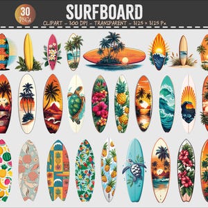 Könnte beinhalten: Sammlung von 30 Surfbrett-Cliparts. Jedes Surfbrett zeigt einzigartige Designs, darunter tropische Szenen mit Palmen, Sonnenuntergängen und Blumenmustern. Die Farbpalette umfasst leuchtende Orange-, Blau-, Grün- und Gelbtöne.
