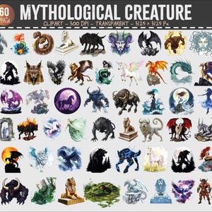 Mytologisk varelse Clipart-paket Fantasy Odjur PNG-set Legendariska magiska varelser
