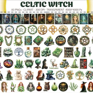 May include: A collection of watercolor clip art elements with a Celtic Witch theme. The image includes illustrations of witches, pentagrams, books, potions, and other mystical items. The text "CELTIC WITCH" and details are at the top.