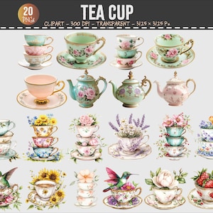 Può includere: Una collezione di 20 tazze da tè e teiere ad acquerello. Le tazze e i piattini sono decorati con motivi floreali e impilati in varie disposizioni. Alcune tazze presentano fiori, colibrì e fragole. L'immagine include il testo "TEA CUP" e "20 PNGs".