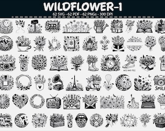Wildflower Botanical Line Art Clipart Vector Bundle SVG PNG PDF
