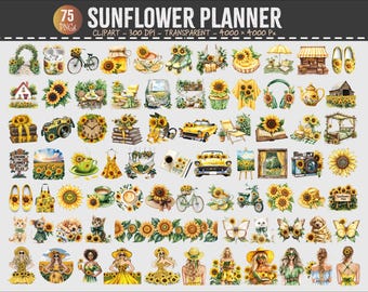 Lot de cliparts aquarelle tournesol – ensemble PNG Cottagecore Summer (75 fichiers)