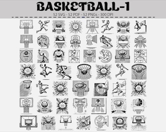 Basket SVG-paket | 52 vektorklippfiler, sportclipart (digital nedladdning)