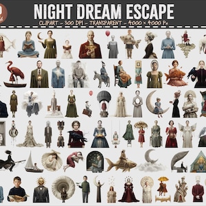 May include: A set of 80 digital clipart images with a surreal, dreamlike theme. The images feature various figures, objects, and scenes, including people, animals, and fantastical elements, all rendered in a detailed, artistic style. The text "NIGHT DREAM ESCAPE" is at the top.