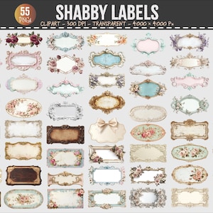 Puede incluir: Una colección de 55 etiquetas vintage de estilo shabby chic en varias formas y tamaños. Las etiquetas presentan diseños florales y ornamentados con efecto acuarela, en colores pastel como rosa, azul y crema. La imagen incluye el texto "SHABBY LABELS".