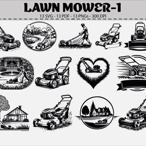 May include: A collection of black and white illustrations featuring lawn mowers in various designs. Some illustrations show mowers in use, others are isolated. The text "LAWN MOWER-1" is at the top, along with file type information.