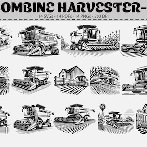 May include: Black and white illustrations of combine harvesters in various settings. The images depict the harvesters in fields, near barns, and with crops. The text "COMBINE HARVESTER-3" is at the top, along with file type and resolution information.