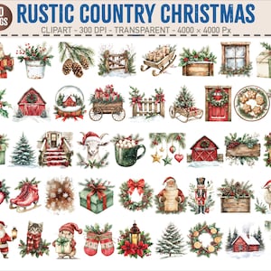 May include: A collection of 50 watercolor clip art images with a rustic country Christmas theme. The images include Santa Claus, barns, wreaths, gifts, and other holiday decorations. The text "RUSTIC COUNTRY CHRISTMAS" is at the top.