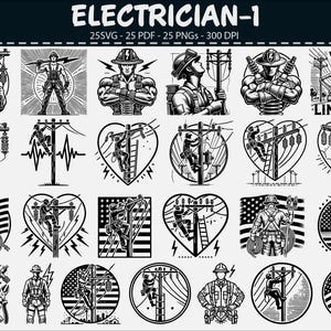 Könnte beinhalten: Eine Sammlung von Schwarz-Weiß-Illustrationen mit Elektrikern und Freileitungsmonteur*innen. Die Bilder zeigen Arbeiter an Stromleitungen, mit Designs, die Herzen, amerikanische Flaggen und die Texte "ELECTRICIAN-1" und "LINEMAN" enthalten.