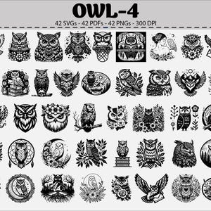 May include: A collection of 42 black and white owl illustrations in various styles. The designs include owls with detailed feather patterns, perched on branches, and within circular frames. Text at the top reads "OWL-4".