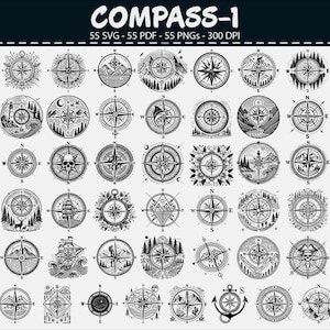 Könnte beinhalten: Eine Sammlung von 55 schwarz-weißen Kompassdesigns in verschiedenen Stilen, darunter nautische, Natur- und Schädelmotive. Das Bild enthält oben den Text "COMPASS-1".