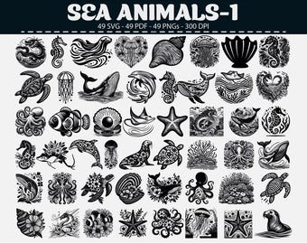 Sea Animals SVG Bundle: Ocean Clipart, Whale, Turtle, Dolphin (Digital Download)