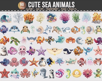 Meerestiere Clipart Bundle | Meeresbewohner PNG (Digitaler Download)