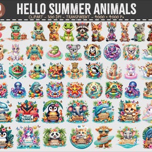 May include: A collection of 50 watercolor clipart images featuring various animals, each adorned with summer-themed accessories. The images include text that reads "HELLO SUMMER". The clipart is transparent and suitable for various creative projects.