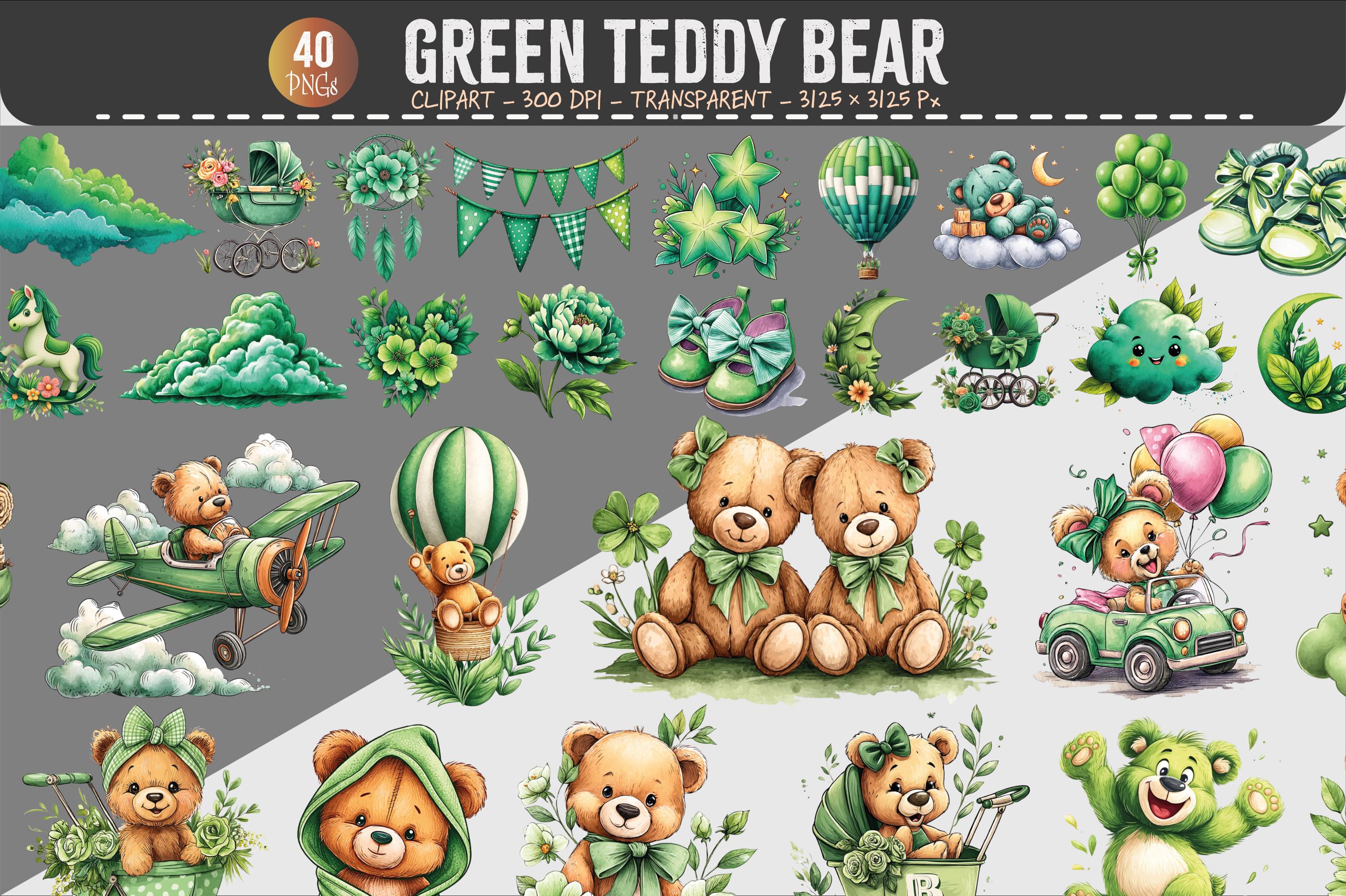 Teddy Bear Clipart Bundle – 40 PNG Baby Nursery Green Bear Set 300 DPI ...