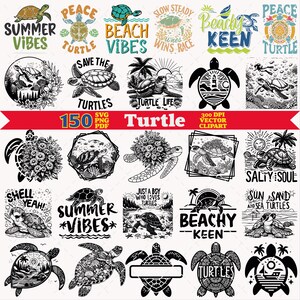 Peut inclure: Une collection de 150 designs graphiques numériques représentant des tortues marines dans divers styles artistiques, incluant des dessins au trait noir et blanc, des silhouettes et des illustrations colorées avec du texte comme Summer Vibes.