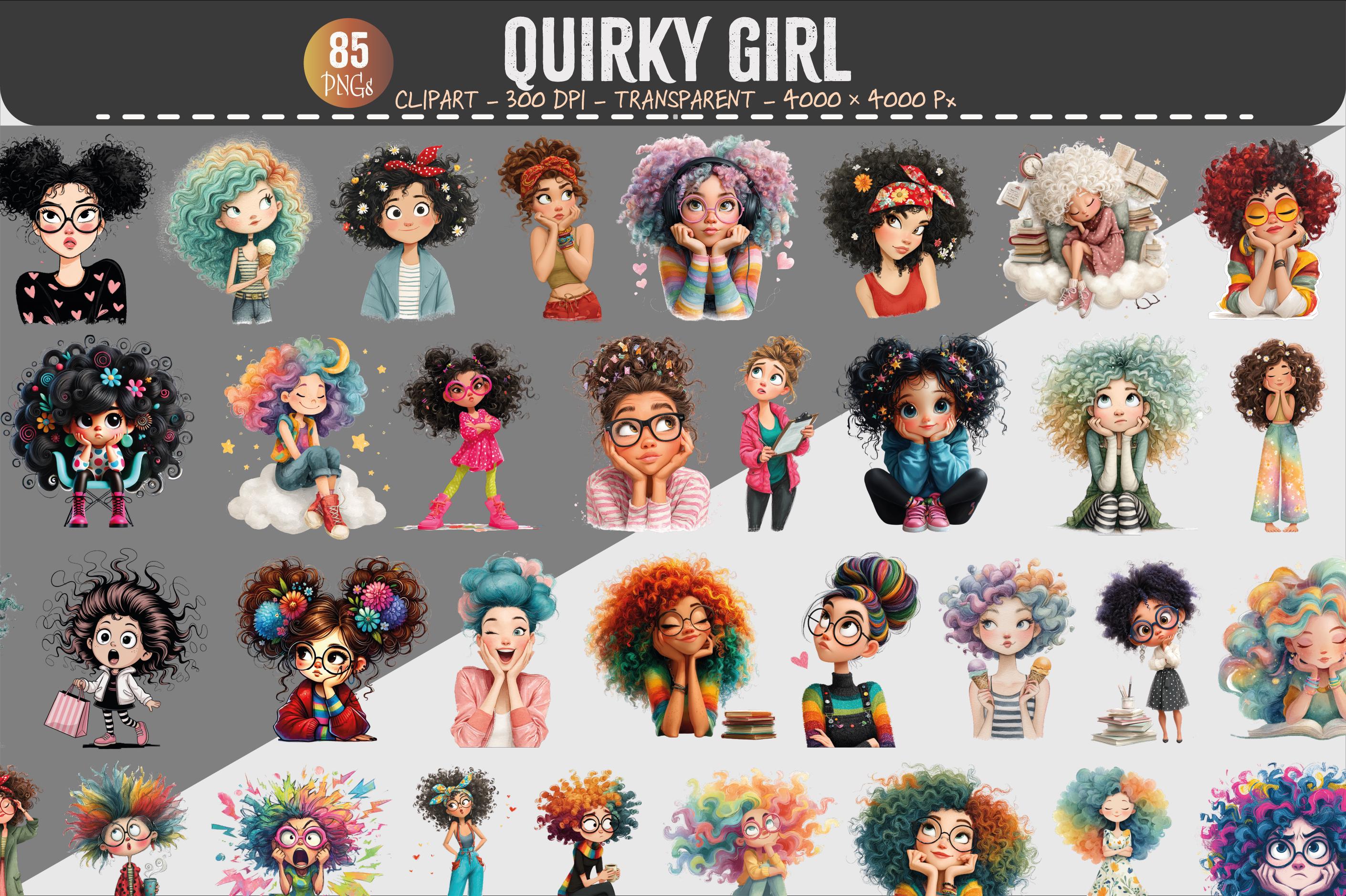 Quirky Girl Clipart Bundle Colorful Characters PNG Set Whimsical ...