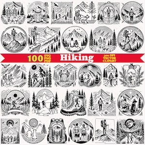 May include: A collection of 100 black and white vector illustrations featuring hiking themes, including mountains, hikers with backpacks, trekking poles, dogs, forests, and camping gear, with the text 100 SVG PNG PDF Hiking 300 DPI VECTOR CLIPART.