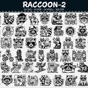 May include: A collection of 54 black and white raccoon illustrations in various poses and settings. The images include raccoons with sunglasses, riding bicycles, and dressed in suits. The text "RACCOON-2" is at the top.