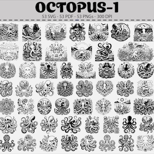 Könnte beinhalten: Eine Sammlung von 53 schwarz-weißen Oktopus-Grafiken im SVG-, PDF- und PNG-Format. Die Designs umfassen detaillierte Illustrationen von Oktopussen, nautischen Szenen und dekorativen Elementen. Der Titel "OCTOPUS-1" ist oben abgebildet.