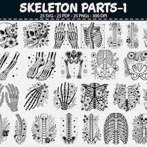 May include: Black and white illustrations of various skeletal parts, including skulls, hands, rib cages, and spines, adorned with floral elements. The text "SKELETON PARTS-1" is at the top, along with file type information.