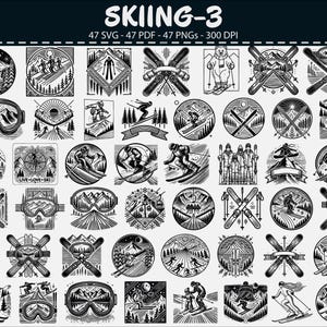 May include: A collection of black and white ski-themed illustrations. The designs include skiers, ski goggles, crossed skis, mountain landscapes, and the text "SKIING-3". The illustrations are in various shapes, including circles and squares.