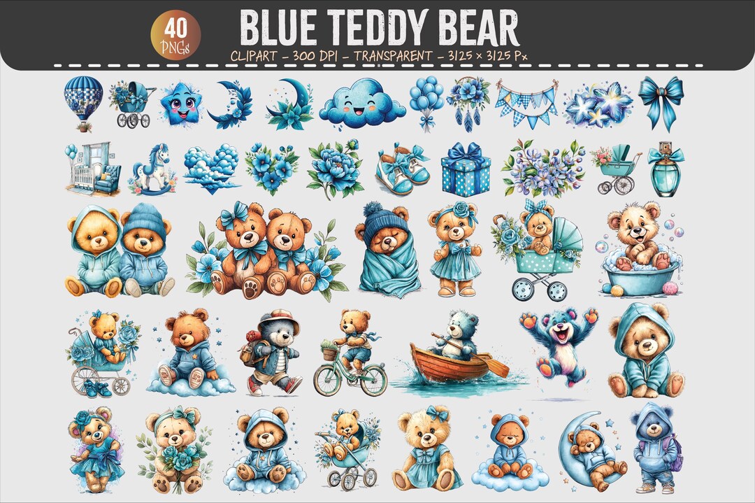 Teddy Bear Clipart Bundle – 40 PNG Baby Boy Nursery Blue Bear Set 300 ...