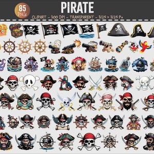 May include: A collection of 85 pirate-themed clip art images. The illustrations include pirate flags, treasure chests, skulls, pirate ships, cannons, parrots, and pirate hats. The images are in various colors and styles.