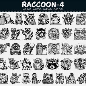 May include: A set of 46 monochrome raccoon illustrations, each depicting a different scene. The raccoons are shown in various scenarios, including with guns, in cars, and wearing hats. The text "RACCOON-4" is at the top.