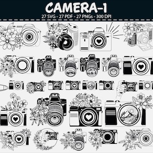 Può includere: Una collezione di illustrazioni di fotocamere in bianco e nero. Le fotocamere variano nello stile, alcune sono decorate con elementi floreali, altre con dettagli a forma di cuore e altre con scene di paesaggi. L'immagine include il testo "CAMERA-1".