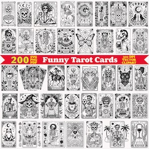 May include: A collection of 200 black and white tarot card illustrations featuring skeletons, animals, and occult symbols. The cards include text labels like The Cereal Killer, The Iced Coffee, The Audacity, and The Smartass, presented in a grid format.