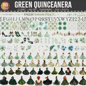 以下が含まれることがあります： 「Green Quinceanera」というデジタルクリップアートセット。185個のPNG画像が含まれています。ドレス、靴、花の要素、王冠、文字のイラストが、緑と白の色合いで描かれています。クリップアートは300 DPIです。