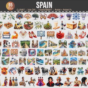 Puede incluir: Una colección de 95 imágenes prediseñadas de acuarela con temática española. Las imágenes incluyen comida, arquitectura, moda y símbolos culturales. La palabra "SPAIN" está en la parte superior de la imagen.
